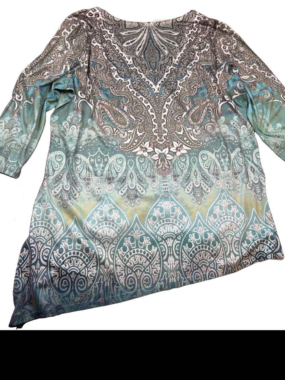 Emma V Neck Blue Green Paisley Embellished Tunic 3/4 Sleeves Asymmetrical Hem 1X